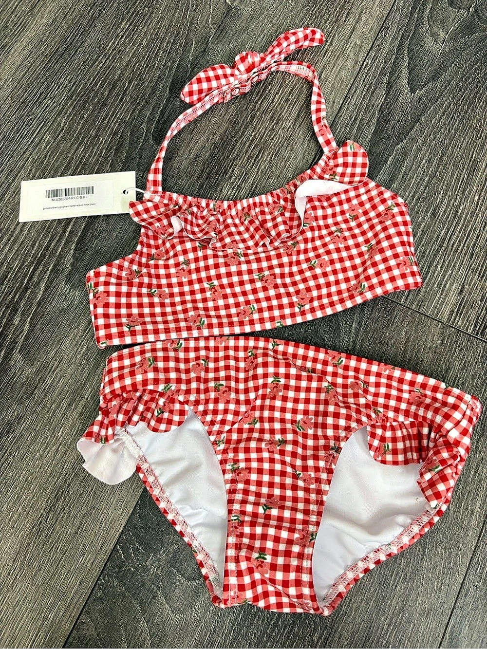 Minnow Girls Strawberry Gingham Halter Scoop Neck Bikini Red & White 5/6